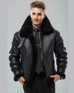 Mens Sheepskin Shearling Fur Black Bomber Leather Jacket