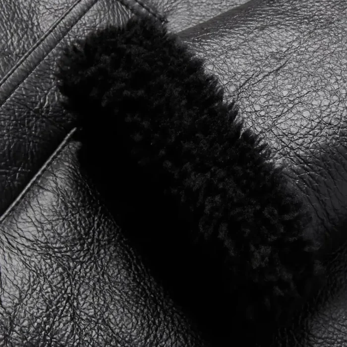Mens Sheepskin Shearling Fur Black Leather Bomber Jacket
