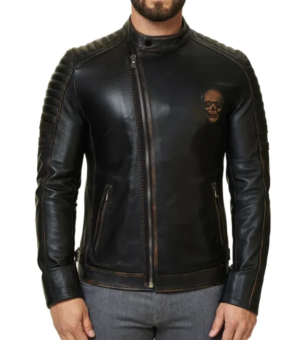 Mens Skeleton Skull Black Distressed Biker Leather Jacket