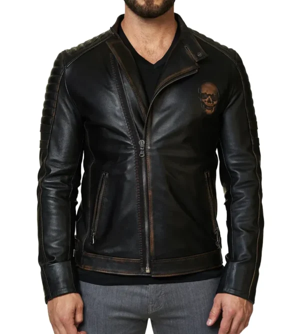 Mens Skeleton Skull Distressed Biker Black Leather Jacket