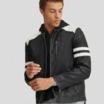 New Looking Mens White Stripped Black Real Leather Jacket