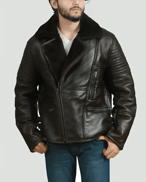 RAF Mens Brown Shearling Sheepskin Black Bomber Leather Jacket