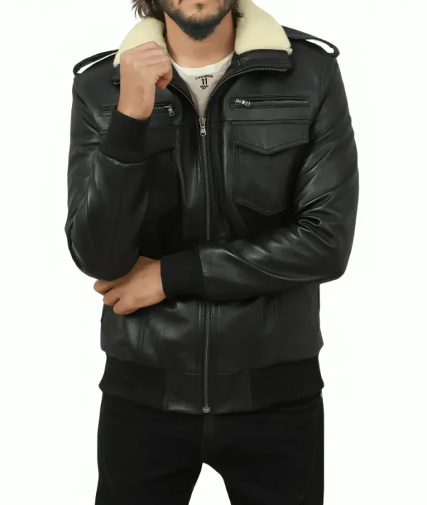 Shearling Collar Men Black Bomber Leather Jacket