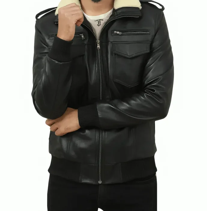 Shearling Collar Men Black Bomber Leather Jacket