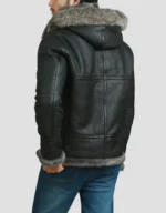Shearling Fur Aviator Black Hooded Leather Jacket
