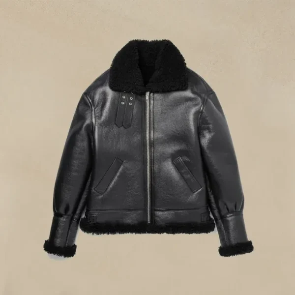 Sheepskin Shearling Fur Black Bomber Leather Jacket