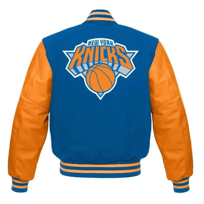 NBA New York Knicks Wool Leather Varsity Blue and Orange Full-Snap Jacket