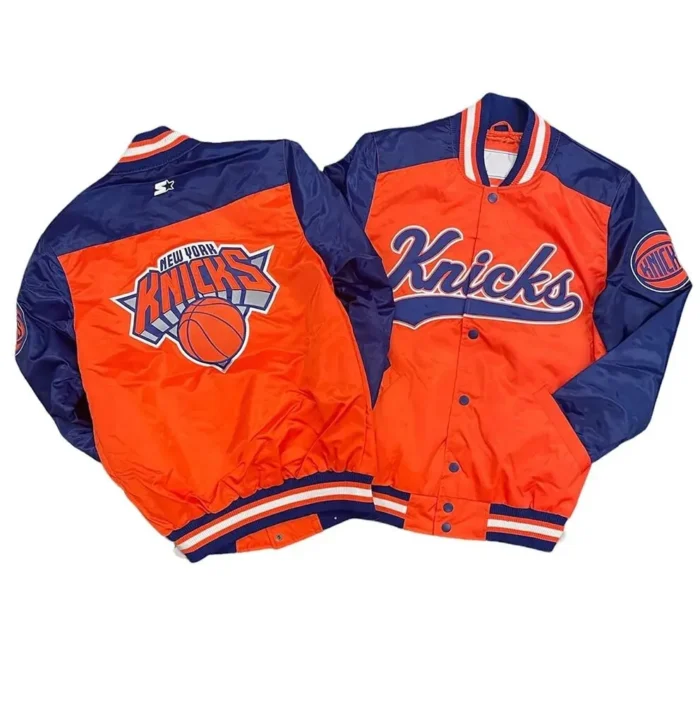 Starter NY Knicks The Tradition II Team Orange and Blue Varsity Satin Jacket