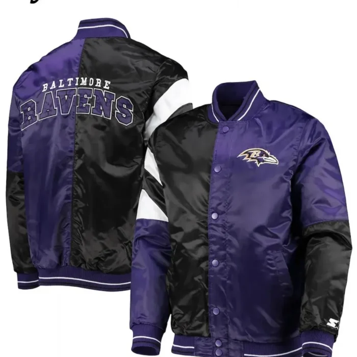 Full-Snap Baltimore Ravens Purple and Black Satin Starter Varsity Jacket