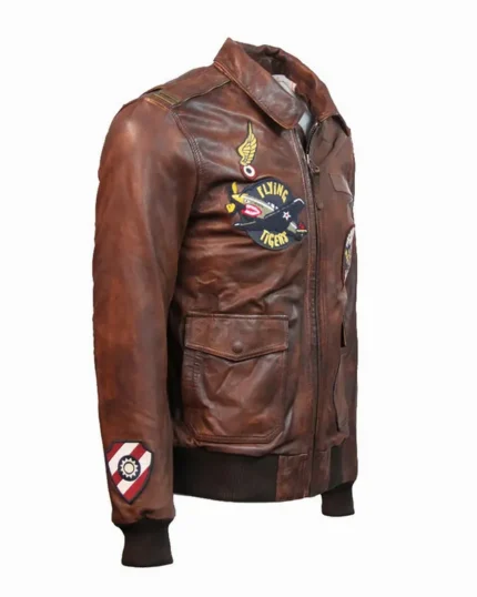 Top Gun Flying Tigers Brown Leather Bomber Jacket