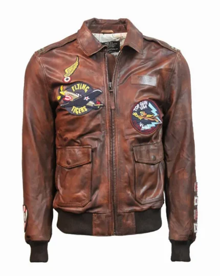 Top Gun Flying Tigers Brown Zip Up Leather Bomber Jackets