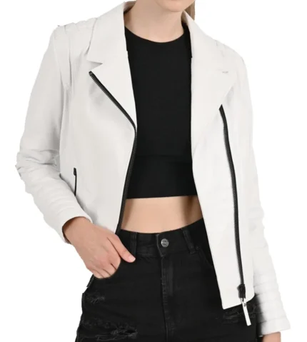Alia Biker White Leather Jacket
