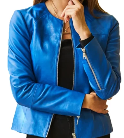 Anna Cropped Blue Real Leather Jacket