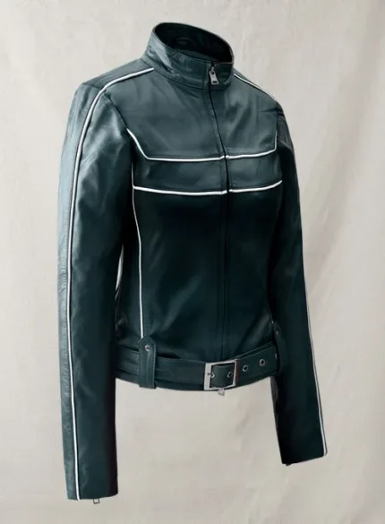 Biker Adalyn Light Green Genuine Leather Jacket For Sale