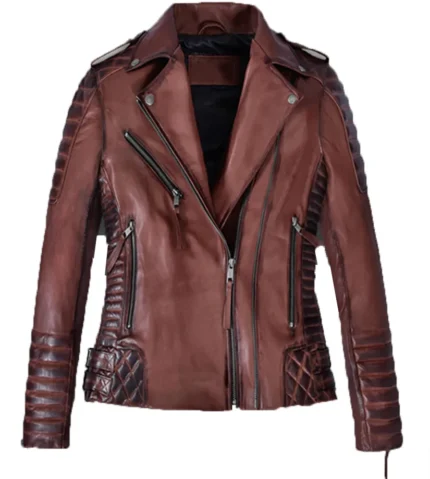Carolyn Distressed Biker Maroon Leather Jacket