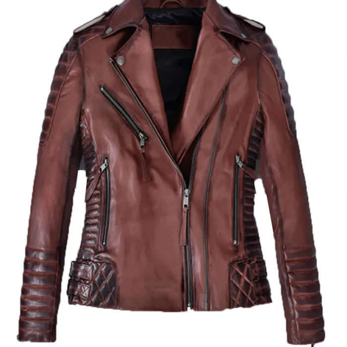 Carolyn Distressed Biker Maroon Leather Jacket