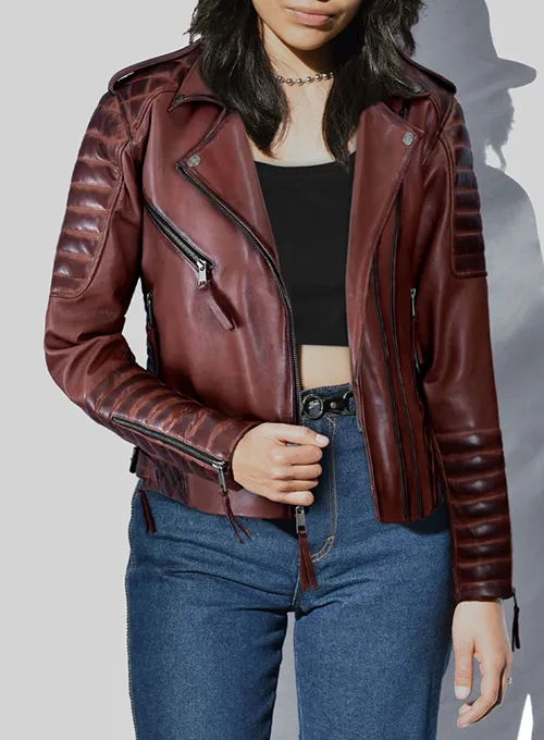 Carolyn Distressed Biker Maroon Leather Jackets