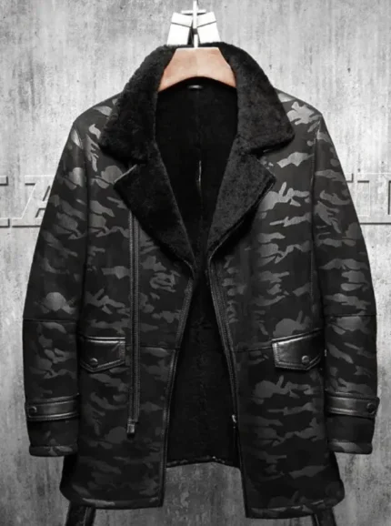 Charles Black Camo Lapel Shearling Leather Coats