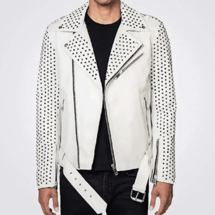 Chris Studded Moto Biker White Leather Jacket