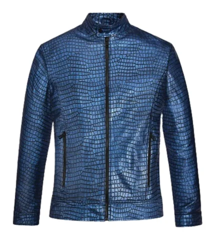 Crocodile Style Hubert Metallic Blue Leather Jacket For Men