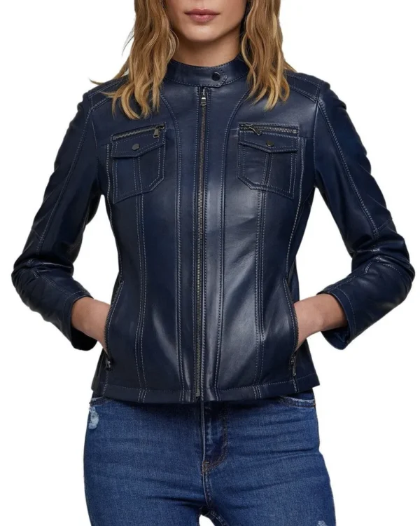 Drew Cafe Racer Biker Blue Leather Jacket