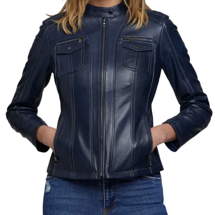 Drew Cafe Racer Biker Blue Leather Jacket