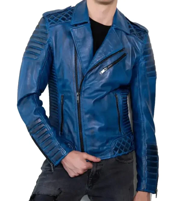 Inferno Distressed Blue Quilted Biker Leather Jacket