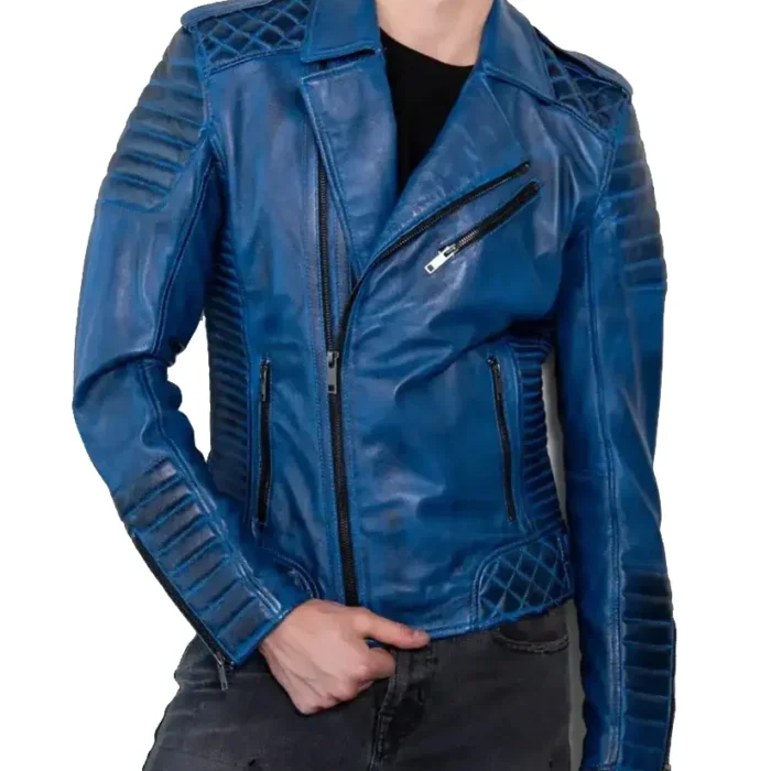 Inferno Distressed Blue Quilted Biker Leather Jacket