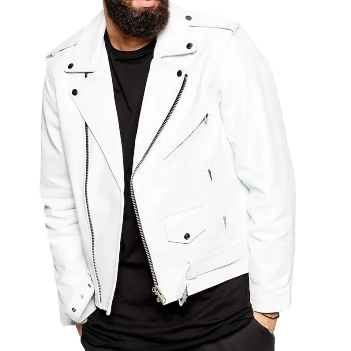 Lauren Mens Biker White Leather Jacket