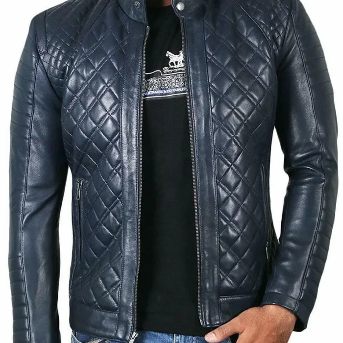 Mens Causal Blue Quilted Leather Jacket