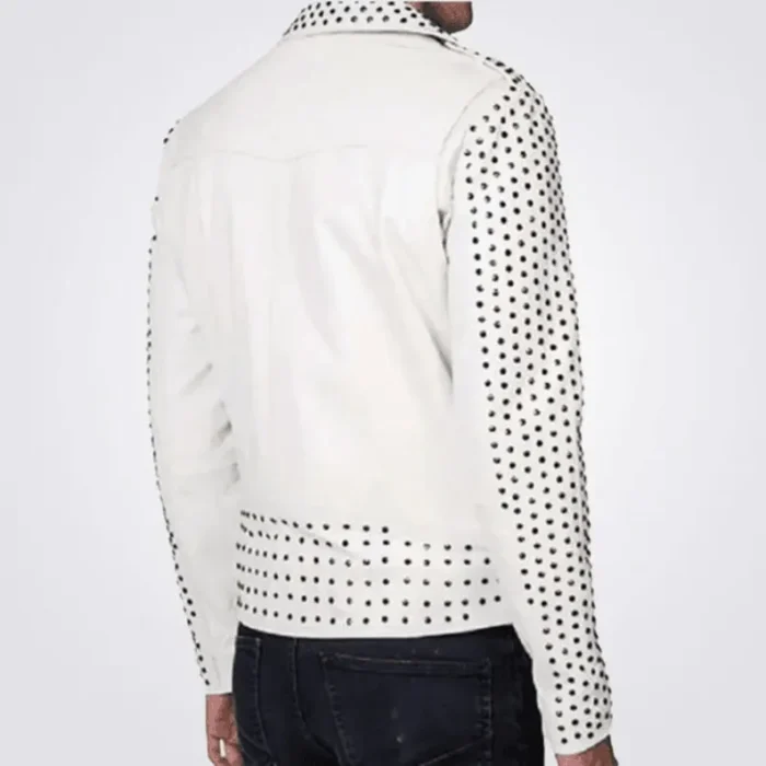 Mens Chris Studded Moto Biker White Leather Jacket For Sale