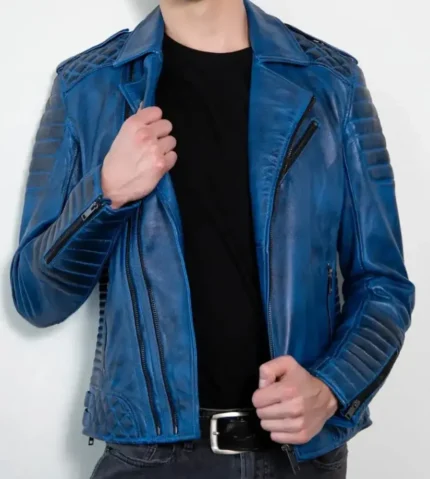 Mens Inferno Distressed Blue Quilted Biker Leather Jacket