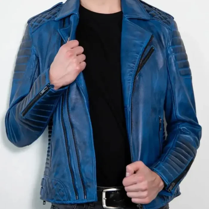 Mens Inferno Distressed Blue Quilted Biker Leather Jacket