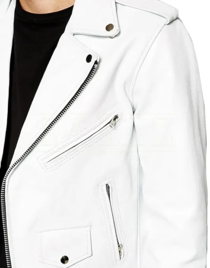 Mens Lauren Asymmetrical Zipper White Biker Leather Jacket