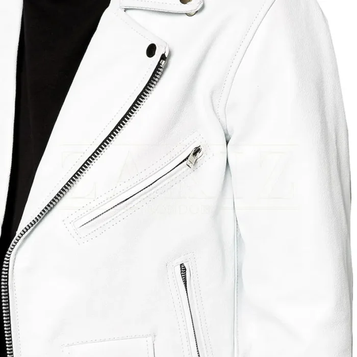 Mens Lauren Asymmetrical Zipper White Biker Leather Jacket