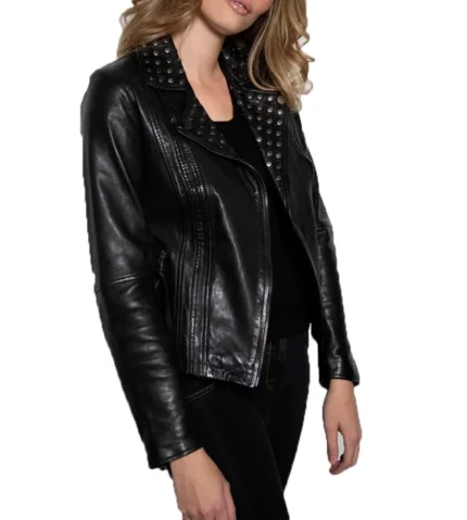 Rave Black Studded Biker Leather Jacket For Sale