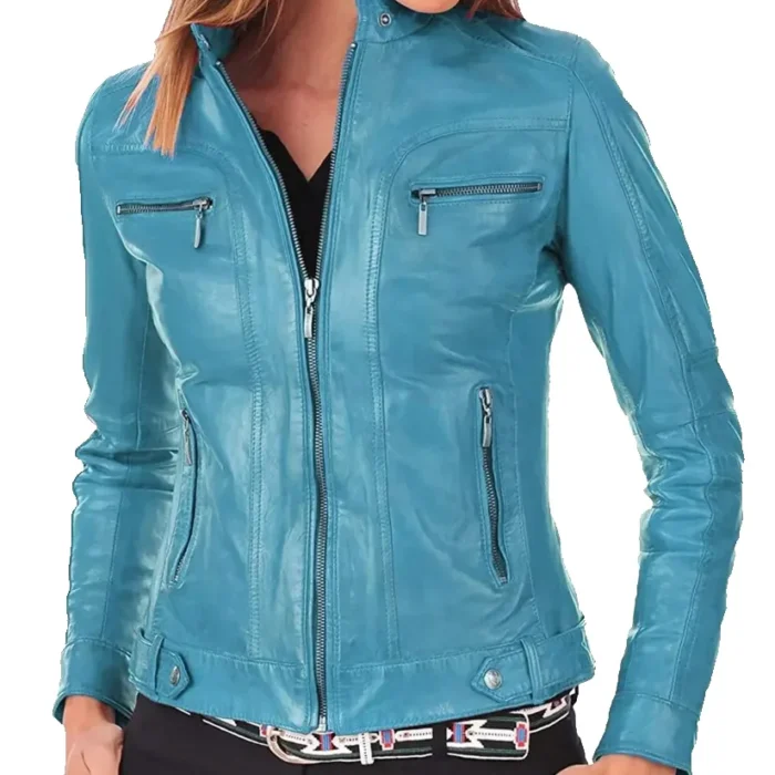 Reese Sky Blue Genuine Lambskin Leather Jacket