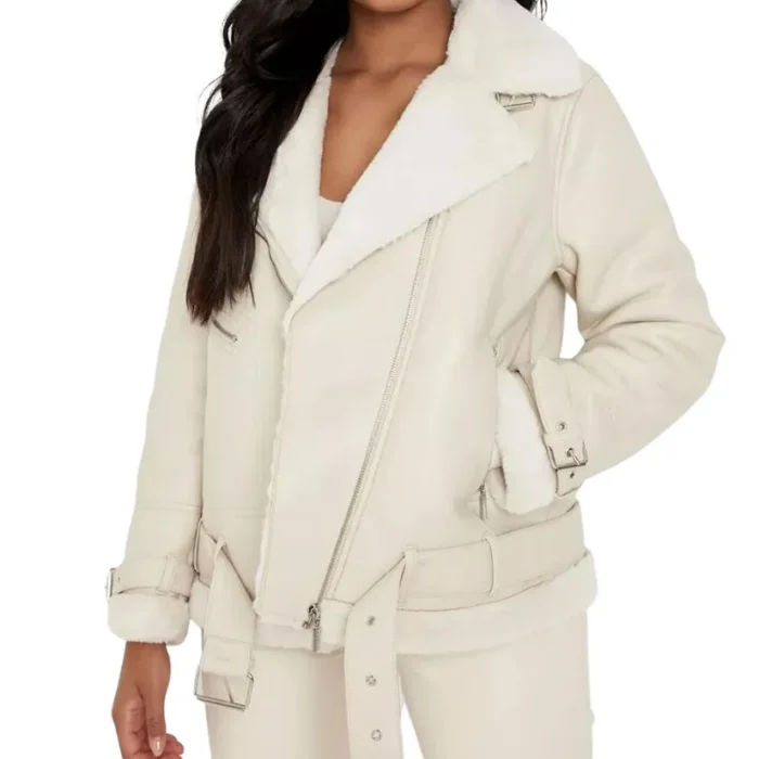 Rosyln Fur-Lined White Sherpa Leather Jacket