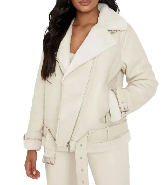 Rosyln Fur-Lined White Sherpa Leather Jacket