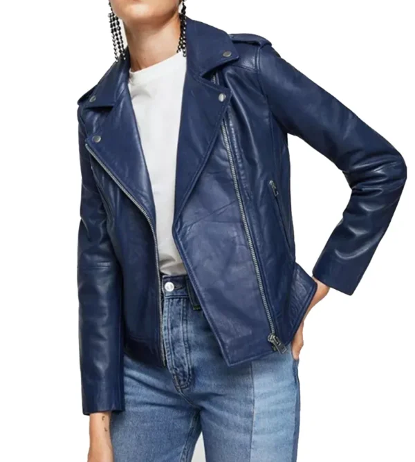 Sandra Blue Moto Biker Leather Jacket