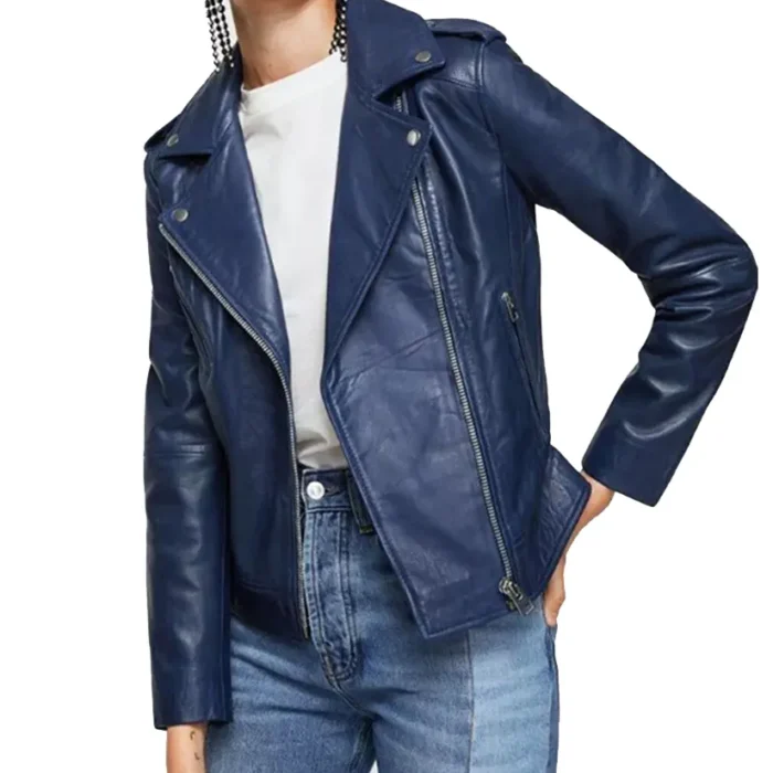 Sandra Blue Moto Biker Leather Jacket