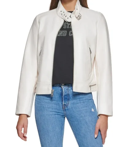 Savant White Moto Biker Leather Jacket