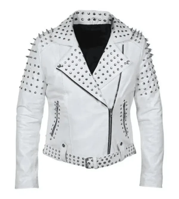 Vixen Biker Motorcycle Studded White Leather Jacket