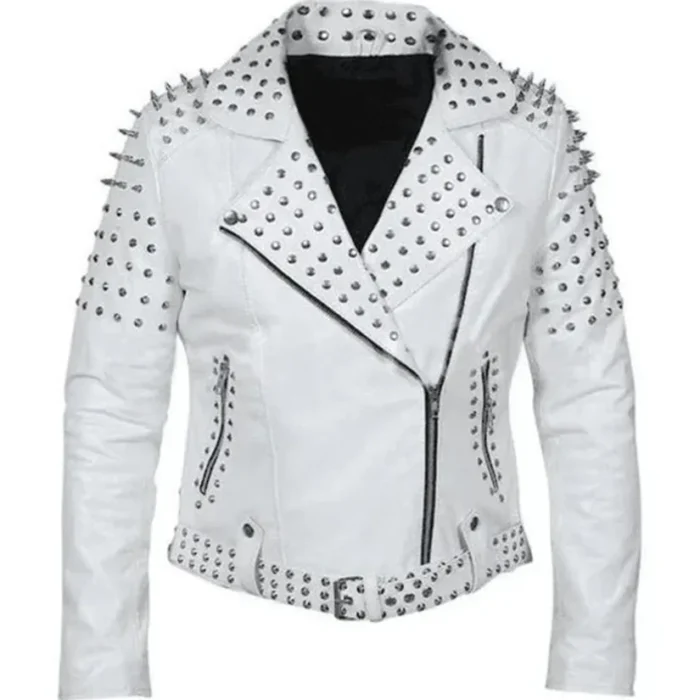 Vixen Biker Motorcycle Studded White Leather Jacket