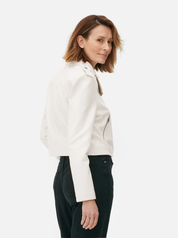 Vixen Cropped Moto Leather White Jacket For Sale