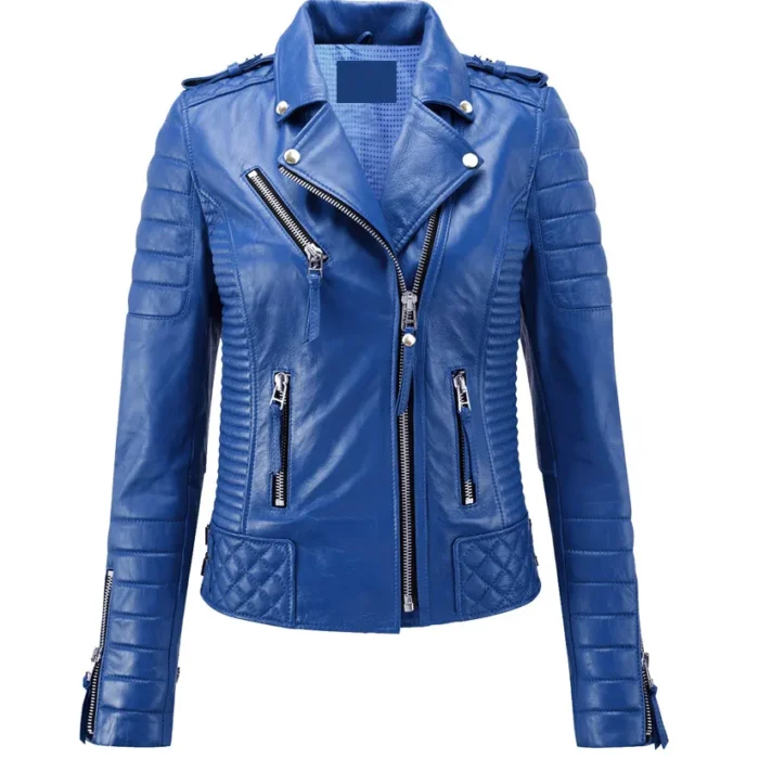 Women Royal Blue Biker Leather Jacket