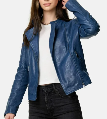 Womens Cora Casual Blue Leather Jacket For Sale