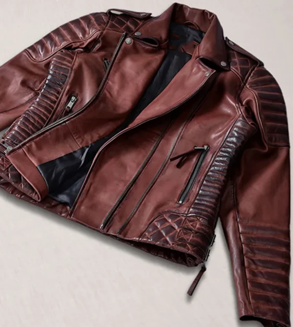 Womens Distressed Biker Carolyn Maroon Real Leather Jacket