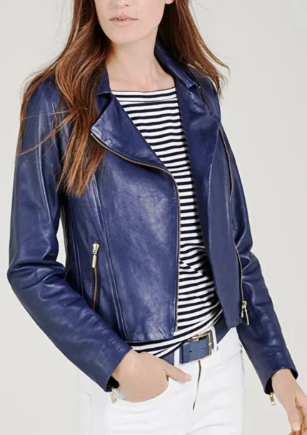 Womens Julia Blue Biker Genuine Leather Jacket For Sale