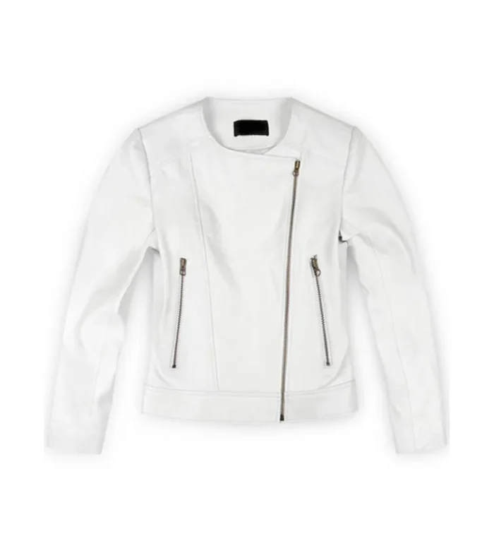 Womens Norma White Biker Zipper Leather Jacket